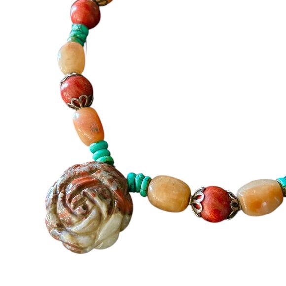 Hand Carved Stone Tibetan Rose Themed Pendant Amulet Vintage Necklace - Picture 2 of 5